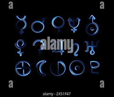 Vector isolated illustration of planet icons set. Astrological designations. Neon signs of the planets for astrologers and palmists. Stock Vector