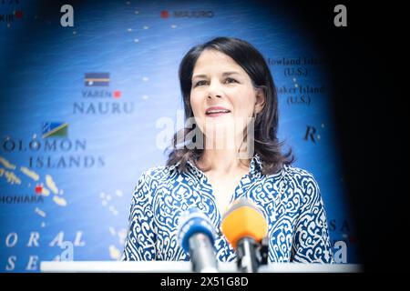 Suva, Fiji. 06th May, 2024. Annalena Baerbock, German Foreign Minister, at a press conference at the German Embassy. Foreign Minister Baerbock's week-long trip to Australia, New Zealand and Fiji will focus on security policy and climate protection. Credit: Sina Schuldt/dpa/Alamy Live News Stock Photo