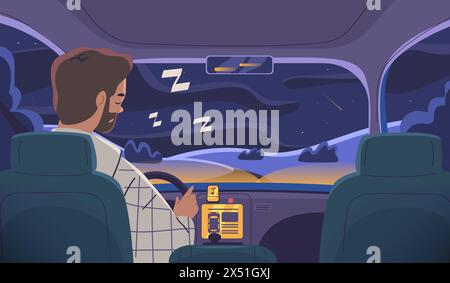 Asleep driver. Somnolence driving, sleepy doze guy riding car on late night city road, drowsy tired drunk driver traffic way, fatigue chauffeur danger accident vector illustration of car driver asleep Stock Vector