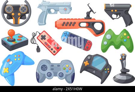 Videogame joypads. Game controller or joystick for remote control consoles arcade videogames, hipster gaming object retro video games gun gamepad, joypad neat vector illustration Stock Vector