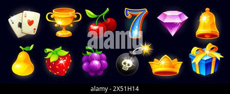 Cartoon gambling icons. Game casino poker slots icon, gold cup shiny gemstone bell fruit seven gui money symbols bonus gift, cartoon mobile ui elements vector illustration of gambling cartoon symbol Stock Vector