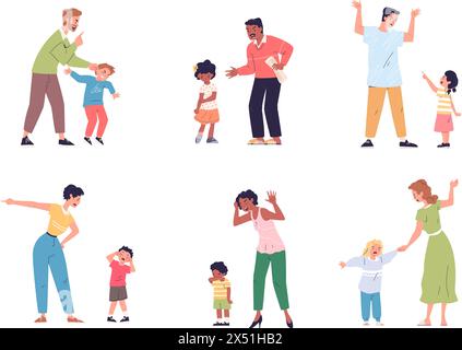 Angry parents. Yelling mother shouting father scold adolescent child after school, anxiety parent scared kids parental bullying problems family conflict, classy vector illustration relationship Stock Vector