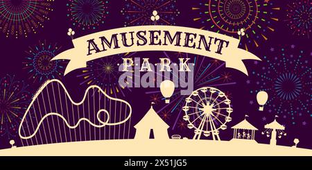Carnival funfair banner with firework on night sky. Amusement park with ...