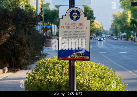 Taos, New Mexico - Oct. 8, 2023: Historic District sign with information about Paseo Del Pueblo Norte Stock Photo