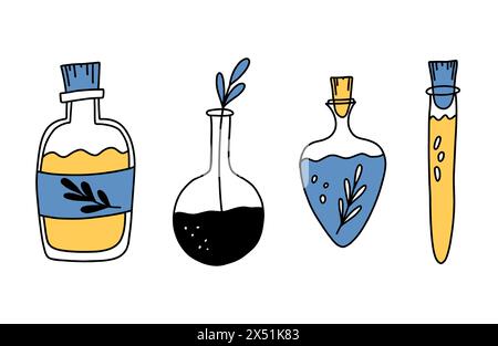 Set of Hand drawn Doodles with pharmaceutical flasks, beakers and test tubes on white background. Sketches of chemical laboratory objects with magic Stock Vector
