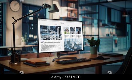 Shot of a Desktop Computer with Latest News Web Page Showing On Screen Standing on the Wooden Desk in the Creative Cozy Living Room. In the Background Warm Evening Lighting and Open Space Studio. Stock Photo
