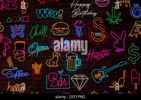 Neon signs on a black background Stock Photo