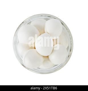 Mozzarella mini balls in glass bowl isolated on white background. Close up. Top view. Design element for product label or catalog print. Stock Photo