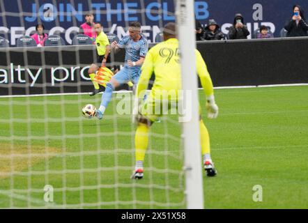 Mitja Ilenic (35) of NYCFC shoots on goal and misses during MLS regular season game against Colorado Rapids at Citi Fields in New York on May 5, 2024. Colorado won 2 - 0. Stock Photo