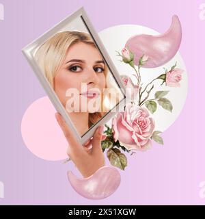 blonde looks at herself in the mirror after beauty injections Stock Photo