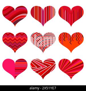 Set of different red hearts. Nine hearts isolated on a white background. Symbol of love. Elements for wedding template. Stock Vector