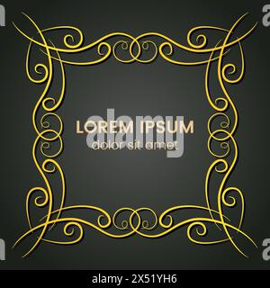 A square golden monogram element on a dark background. Vector illustration. Stock Vector