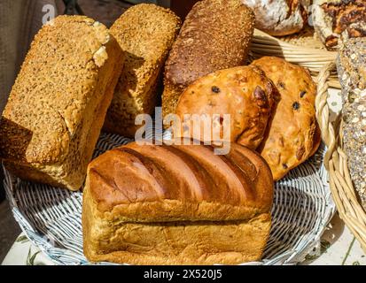 Various bread freshly baked at a farmers market in the Provence, France Stock Photo