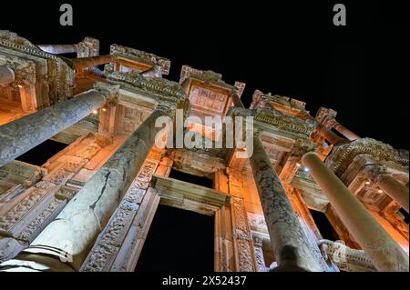 Illuminated night view of the Celsus library in the ancient city of Ephesus. Stock Photo