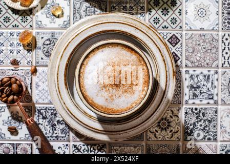 cappuccino on the tile table. High quality photo Stock Photo