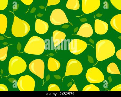 Seamless pattern with yellow pears on a green background. Ripe pears with one leaf. Fruit background with pears for wallpaper, wrapping paper, banners Stock Vector