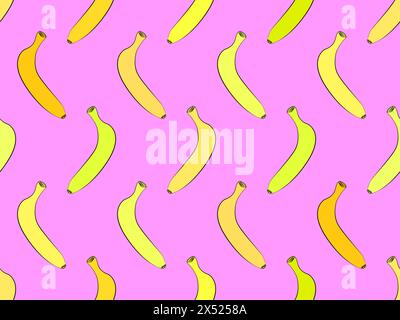 Yellow bananas on a pink background seamless pattern. Exotic sweet bananas in yellow shades. Design for wallpaper, banner printing and promotional pro Stock Vector