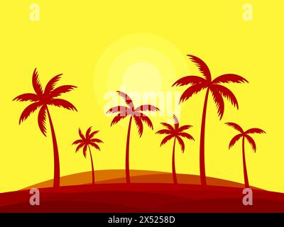 Tropical landscape with silhouettes of palm trees against the background of the sun. Landscape of palm trees in a minimalist style. Summer time. Desig Stock Vector