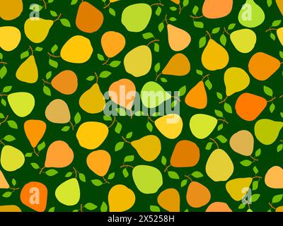 Seamless pattern with green and yellow pears. Ripe pears with two leaves. Fruit background with pears for wallpaper, wrapping paper, banners and poste Stock Vector