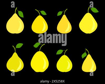 Yellow pear set isolated on black background. Yellow pears with one leaf. Pears icon collection. Design for printing on fabric, banners and promotiona Stock Vector