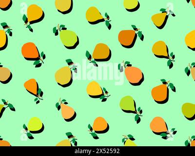 Seamless pattern of pears in flat style with shadow. Ripe pears with two leaves. Fruit background with pears for wallpaper, wrapping paper, banners an Stock Vector