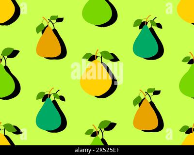 Seamless pattern of pears in flat style with shadow. Ripe pears with two leaves. Fruit background with pears for wallpaper, wrapping paper, banners an Stock Vector