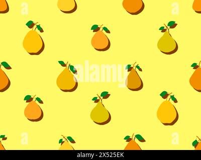 Seamless pattern of pears in flat style with shadow. Ripe pears with two leaves. Fruit background with pears for wallpaper, wrapping paper, banners an Stock Vector