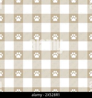 Paw print seamless pattern. Repeating cute plaid tartan pastel color. Check design for prints. Repeated scottish madras fabric. Neutral wool lattice Stock Vector