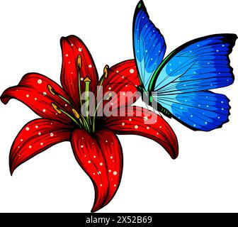 vector uillustration of butterfly on flower. digital hand draw on white background Stock Vector