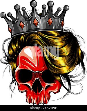 vector illustration ofFemale skull with a crown on white background. digital hand draw Stock Vector