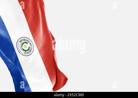 National flag of Paraguay flutters in the wind. Wavy Paraguay Flag. Close-up front view. Stock Photo