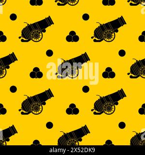 Ancient cannon pattern seamless. Cannon with gun carriage background. Carriage gun texture Stock Vector