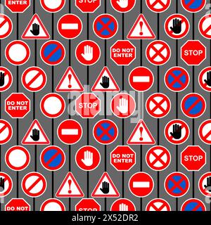 Set of road prohibition signs pattern seamless. Red sign of danger and attention background. Passage is closed texture Stock Vector