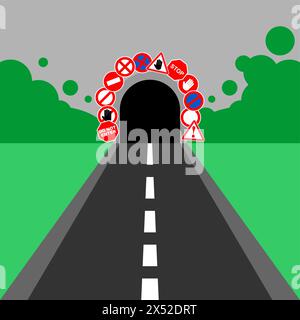 Dangerous tunnel with prohibition signs. Attention and danger signs. It is prohibited to enter the tunnel. Stock Vector