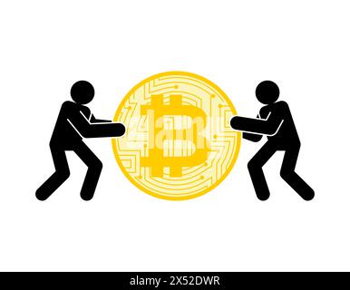 Businessmen pull Bitcoin. People share cryptocurrency. Concept of making financial profit Stock Vector