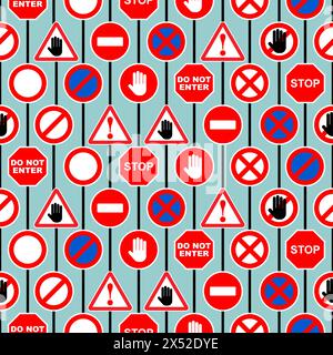 Set of road prohibition signs pattern seamless. Red sign of danger and attention background. Passage is closed texture Stock Vector