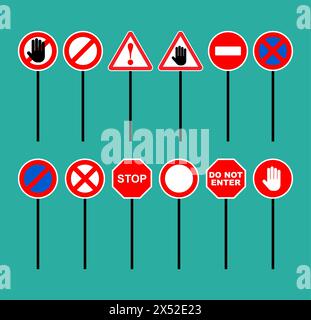 Set of road prohibition signs. Red sign of danger and attention. Passage is closed Stock Vector