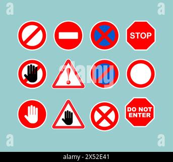 Set of road prohibition signs. Red sign of danger and attention. Passage is closed Stock Vector