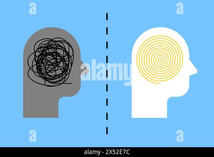 mental health psychotherapy. Confused thoughts and structured thoughts in the head. Tangle in the head and spiral Stock Vector