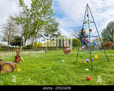 Colorful Easter eggs and bunnies decorations in a kindergarten Stock Photo