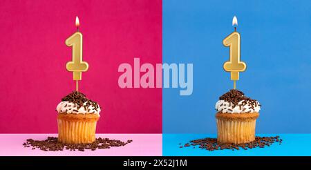 Two birthday cupcakes with the number 1 - Blue and pink background Stock Photo