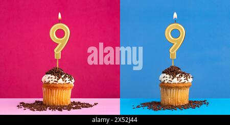 Two birthday cupcakes with the number 9 - Blue and pink background Stock Photo
