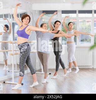 Group of women beginners practicing at ballet barre Stock Photo
