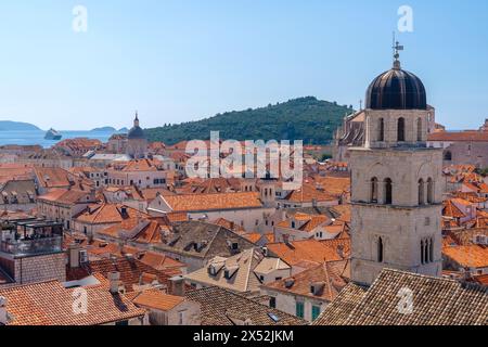 View over the old town of Dubrovnik with tower of Franciscan Monastery visible. Stock Photo