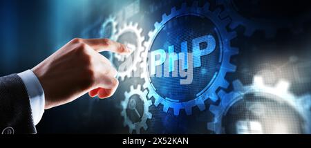 PHP. Web development concept. A general purpose interpreted scripting language Stock Photo