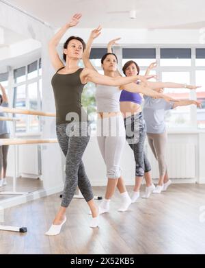 Group of women beginners practicing at ballet barre Stock Photo