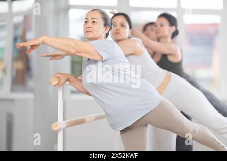 Group of women beginners practicing at ballet barre Stock Photo