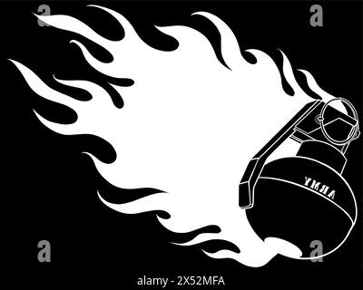 white silhouette of hand granate with fire on black background. vector illustration design Stock Vector