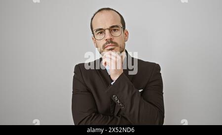 A thoughtful bald man with a beard, wearing glasses and a suit, poses against a white background. Stock Photo