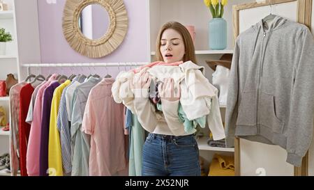 A young woman struggles with an armful of clothes in a colorful, organized dressing room. Stock Photo